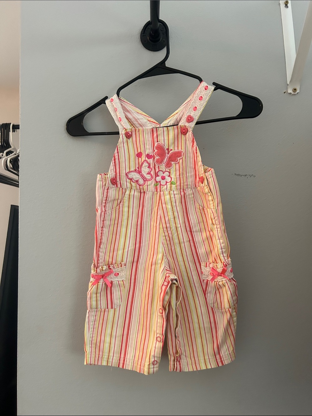 Striped Pink & Yellow Butterfly Embroidered Overalls for Kids